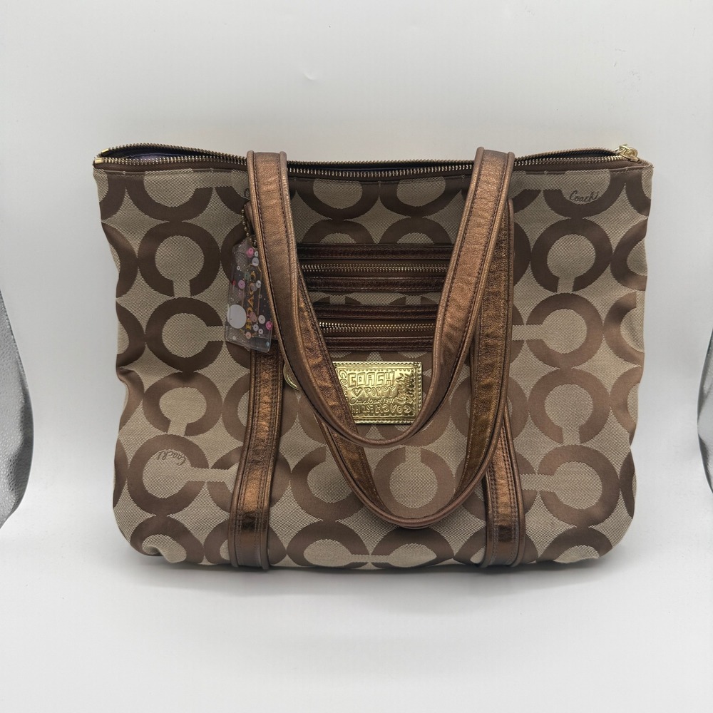 Coach Poppy Tote Women Large Brown Metallic Signature C Jacquard Shoulder Bag